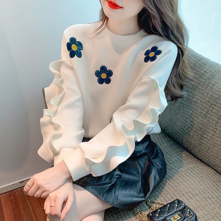 티레오 여성 맨투맨 오버핏 플라워 자수 빅사이즈 데일리 라운드 티셔츠