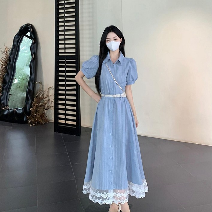 RCLET 여성 롱 원피스 여름 A라인 스커트 레이스 프릴 패치 원피스 슬림핏 원피스 쿨링원피스