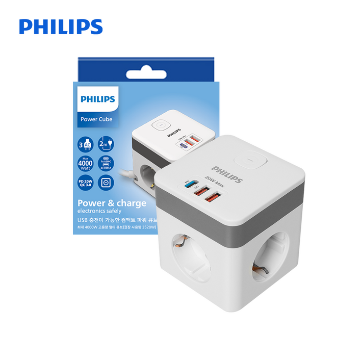 필립스 고용량 파워 큐브 멀티탭 3구 USB C타입 A타입, 화이트 CHP5700WA, 1개, 2m