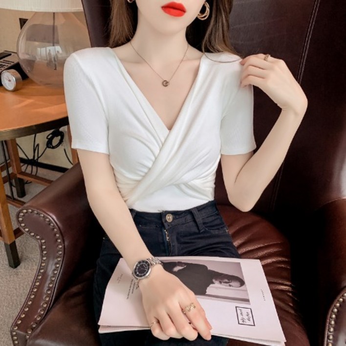 Ogfaour 여름 여성 슬림 브이넥 셔링 반팔 티셔츠 Ogfaour 여름 여성 슬림 브이넥 셔링 반팔 티셔츠