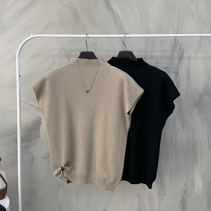 행복여 11 미오 드롭숄더 반 하이넥 기본 반팔 니트