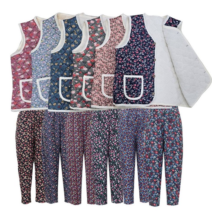 쓰리몰 김장조끼  기모 꽃무늬 바지 세트 할머니 엄마 촌캉스 조끼 겨울 포근한 기모안감 꽃무늬 바지