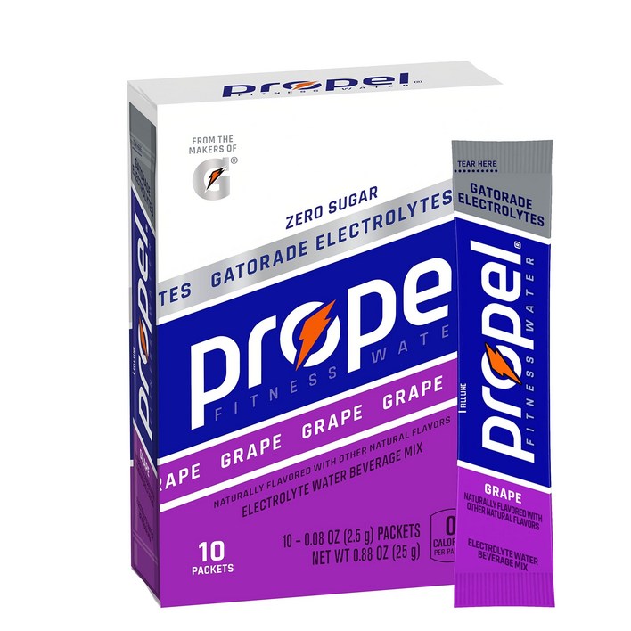 Propel Powder Packets Grape with Electrolytes, Vitamins and No Sugar 전해질, 비타민, 무설탕 포도 프로펠 파우더 패킷10개