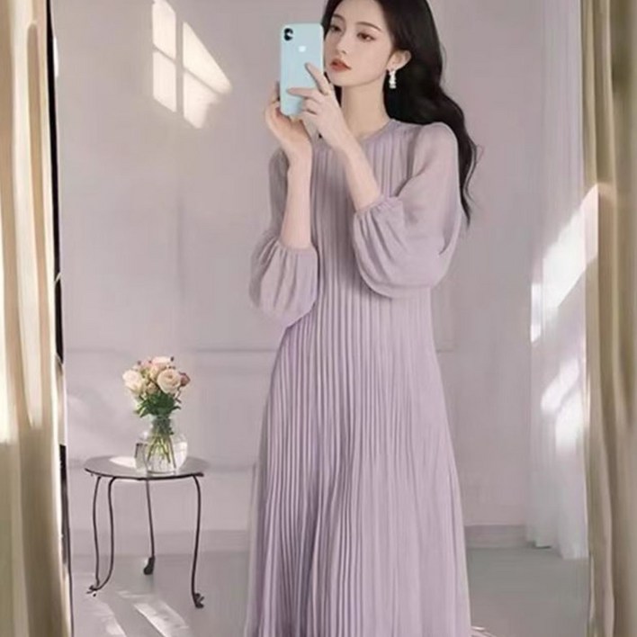여성 긴팔 쉬폰 롱 원피스 여성 봄 가을 프랑스 스타일 주름 배색 솔리드 컬러 라운드넥 원피스 LCL