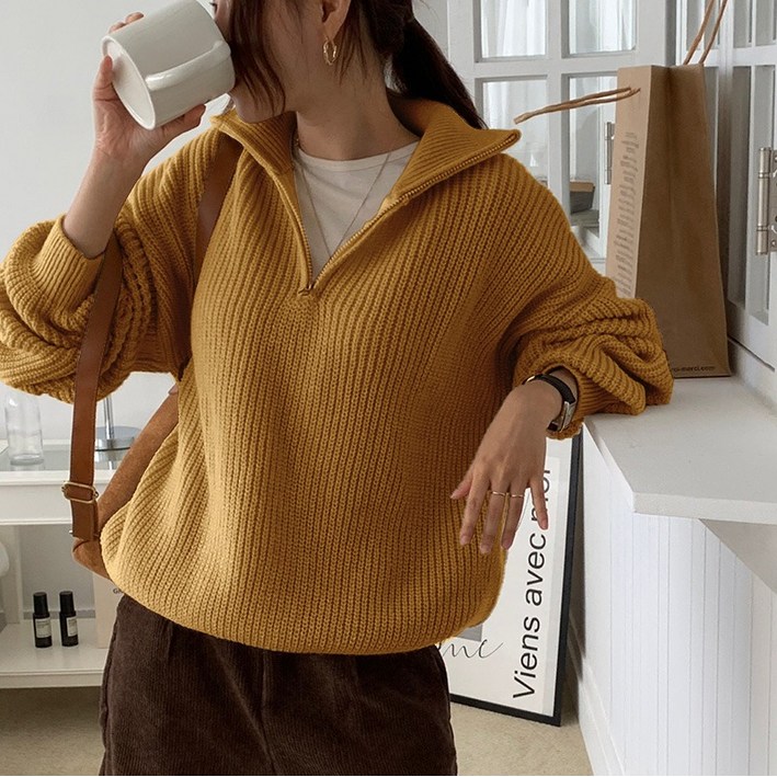 앤드스타일 여성용 베닌 하이넥 카라 반집업 긴팔 니트 263814