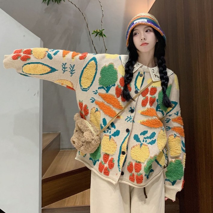 반야스토리 여성용 야채 꽃 캐주얼 기본 니트 가디건 PP100