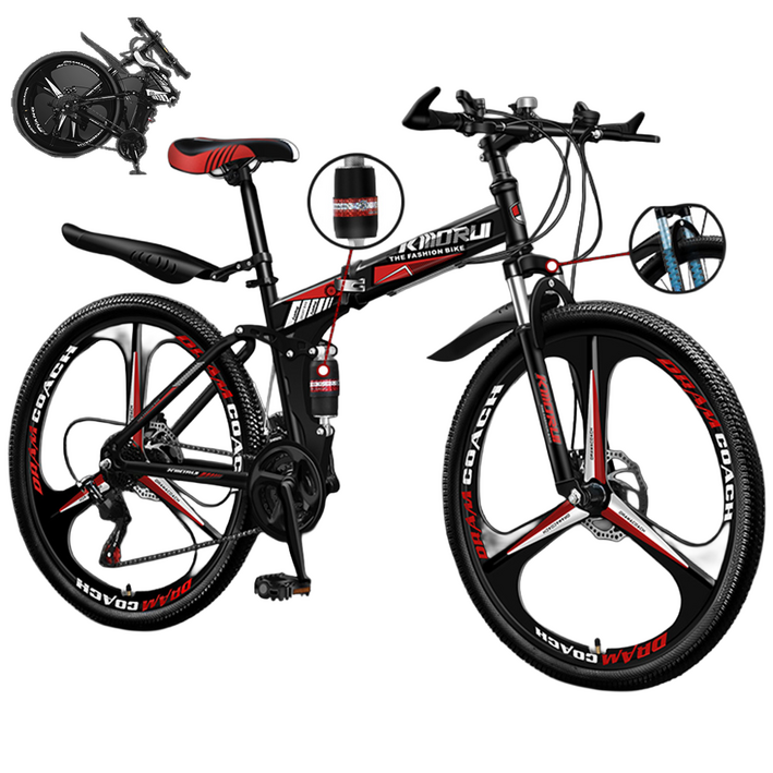 GT 충격흡수 MTB 산악 접이식 자전거 24인치 26인치 입문용 휴대용 가성비 출퇴근, 3날 휠 블랙 앤 레드, 1개, 67cm