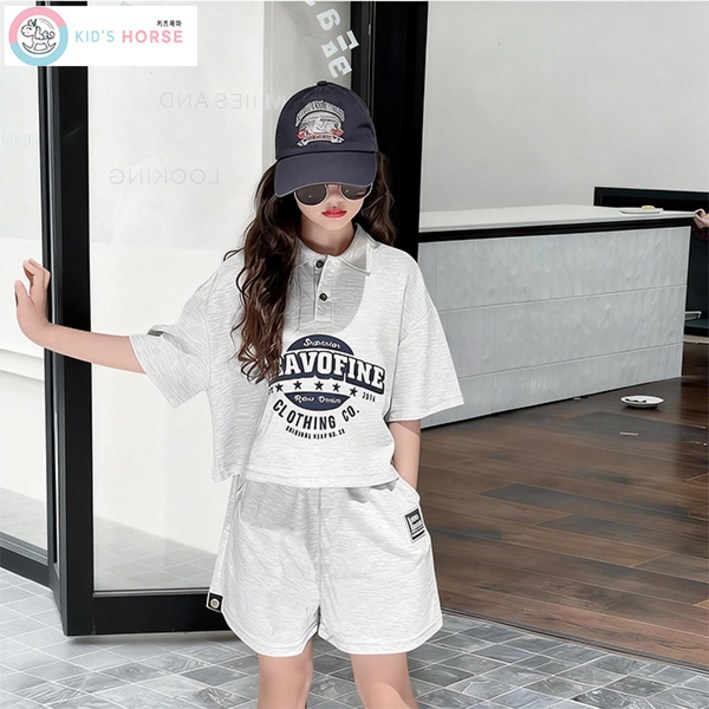 키즈목마 2025 봄 여름 신상 여아 카라티셔츠반바지 상하복 주니어 초등학생 캐주얼 반팔 반바지 상하의세트 593