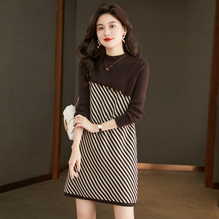 jieve 여성용 감각적인 스트라이프 니트 드레스 고급스러운 가을 겨울 연령대 패션 SW091025