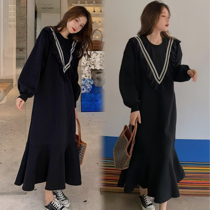 Asure 여자 빅사이즈원피스 프릴 루즈핏 롱원피스 데일리 간절기 머메이드 스커트