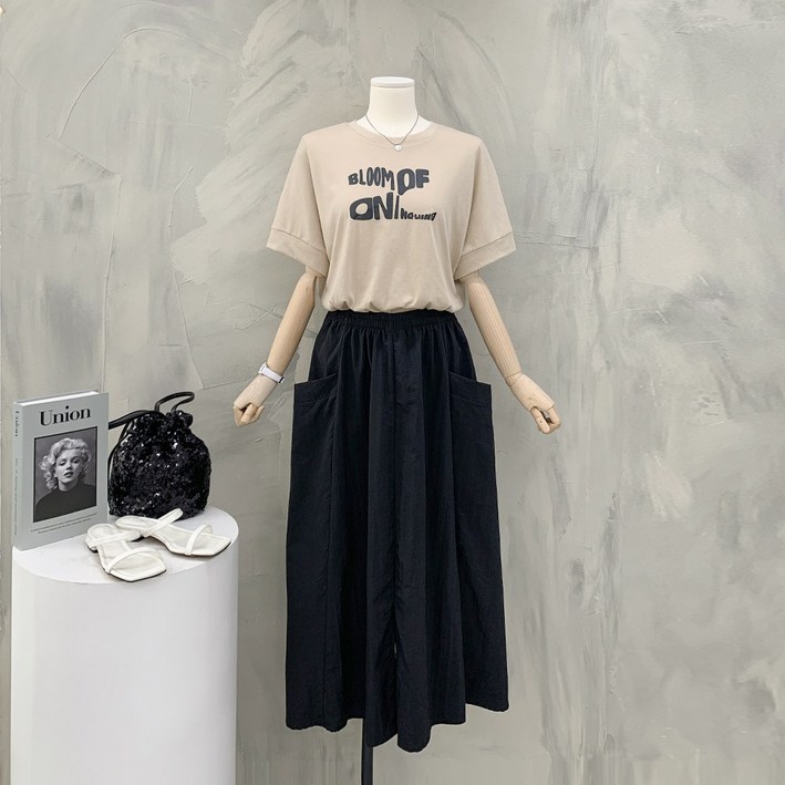 행복여 블룸 레터링 배색 사선 포켓 캐쥬얼 롱 원피스