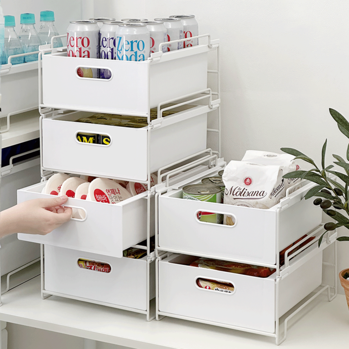 전용스티커 포함 KC인증! 데미무드 플로어 철제 프레임 적층식 팬트리 정리함 서랍형, 화이트, 1개