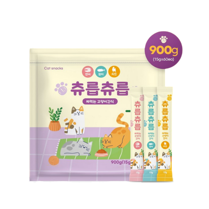 츄릅츄릅 짜먹는 츄르 고양이간식 60스틱 혼합팩 헤어볼케어, 연어치킨참치, 15g, 60개