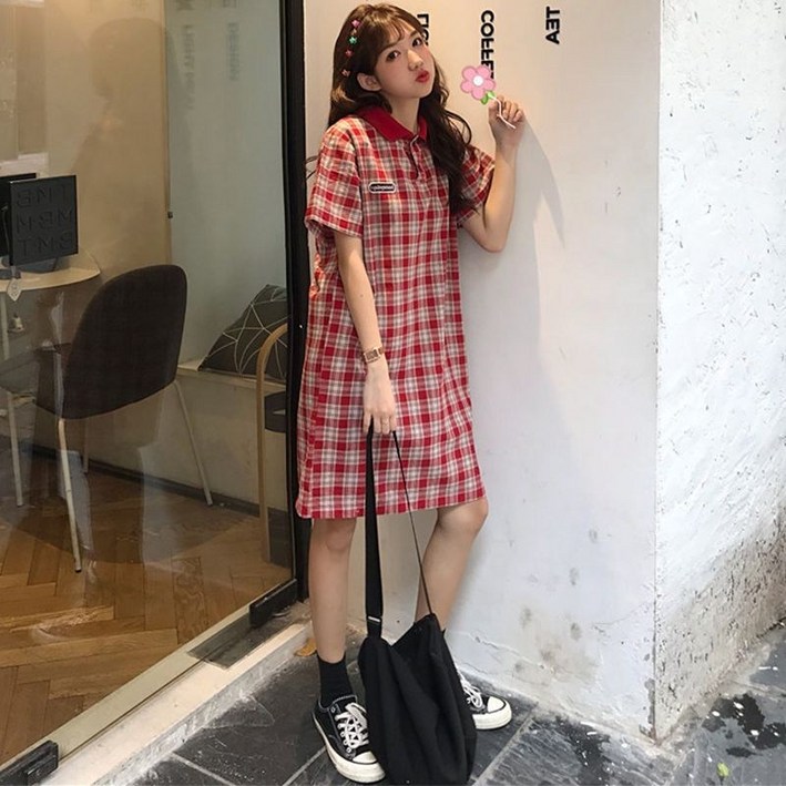 COSYEVNO 카라넥 반팔 원피스 체크 캐주얼 여름 여성 미디스커트