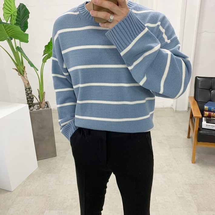 스트릿제이 박스 옆트임 단가라 스트라이프 니트