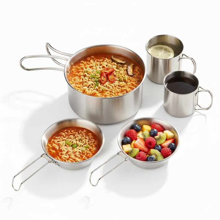 LUMANOKI 필요한것만 챙기는 1-2인용 스텐 냄비1P 시에라컵2P 캠핑컵 2P 캠핑 5P세트 보관파우치증정 코펠세트, 5종 세트 캠핑 식기 세트, 5개