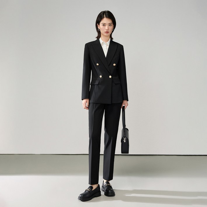 오피스 정장 투피스 여자세트 자켓팬츠 데일리 출근 면접용 기본 블랙 새롭게 출시된 검정색 직업용 검은색 더블브레스트 여성 자켓 정장 세트 가성비