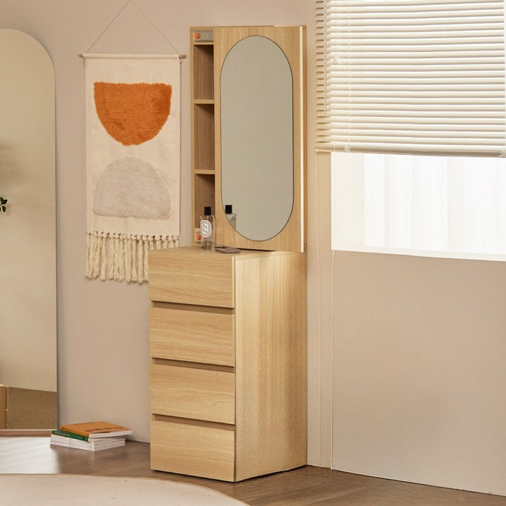 [할인해봄] 파로마 로우A 라운드 거울 틈새수납 공간활용 입식화장대 400, 오크