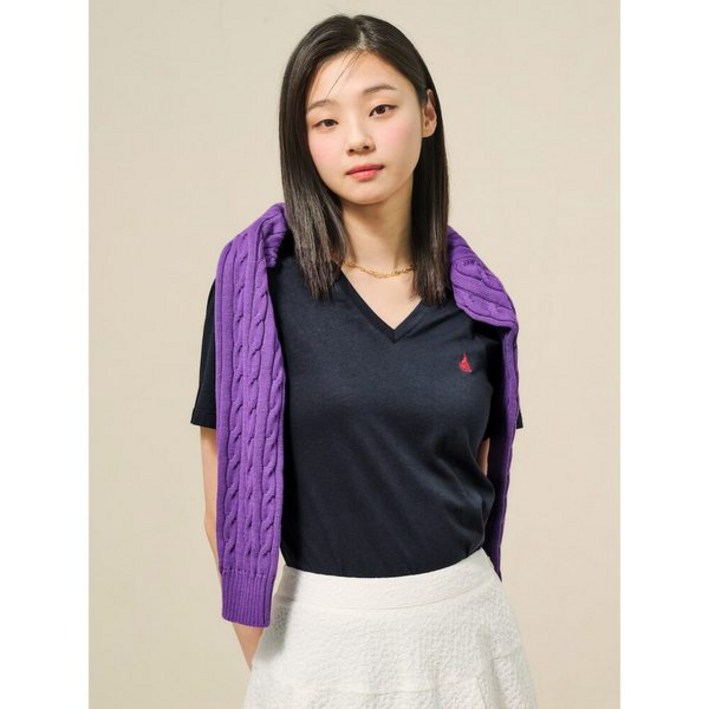 ❲백화점출고❳ 빈폴레이디스 여름 반팔 티셔츠 솔리드 V넥 슬림핏 - 네이비 (BF5242E02R) 데일리