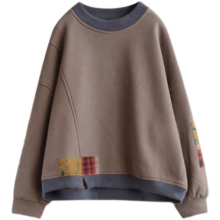 AOKADA 여성 가을 겨울 오버핏 배색 라운드 와플 패치워크 맨투맨 티셔츠 상의