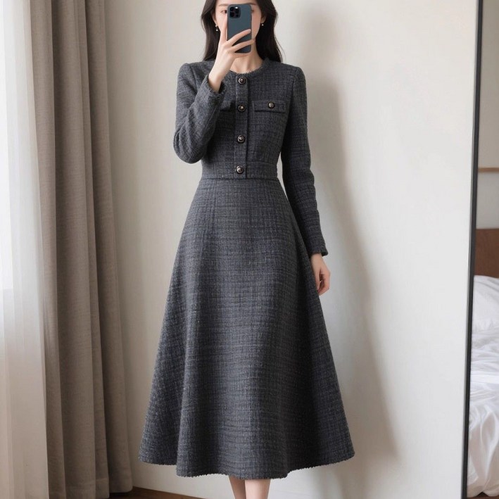 Neirny 여성 가을 겨울 트위드 롱 원피스 고급 우아 패션 오피스 원피스 허리줄임 스커트