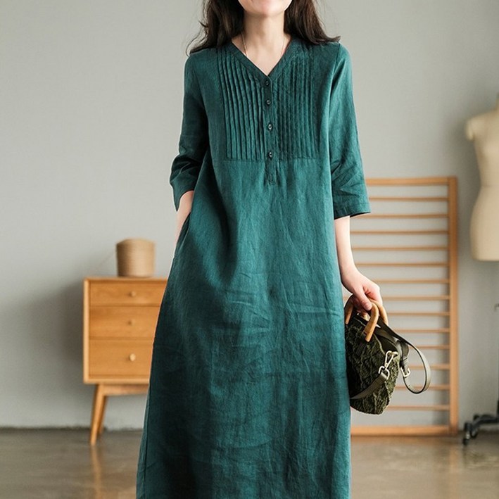 봄 여름 리넨 5분 소매 세련 연상적 패션 원피스 여성용 캐주얼 V넥 얇은 소매 긴 원피스 스타일 더위 흡수