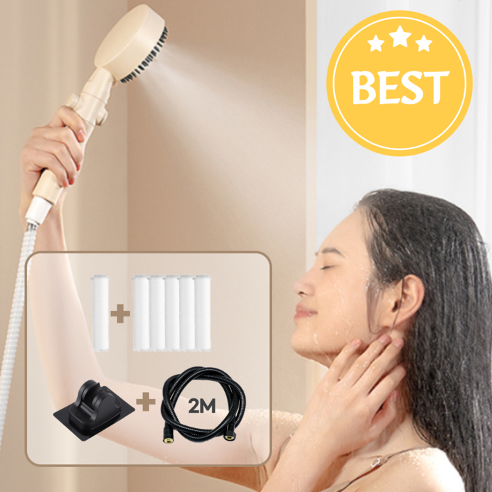 비프르 샤워기헤드 필터 5단 수압조절 절수 샤워호스세트, 베이지, 1개