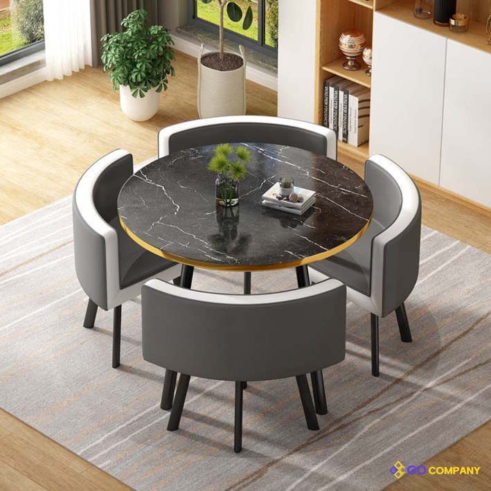 [GoCo] 감성 인테리어 4인용 티 테이블 세트 원목 의자포함 식탁 원형 카페 둥근모서리