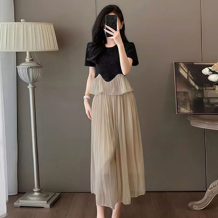 ORZQU 여름 여성 세트 반팔 상의+쉬폰 와이드 팬츠 투피스 슬림핏 세트