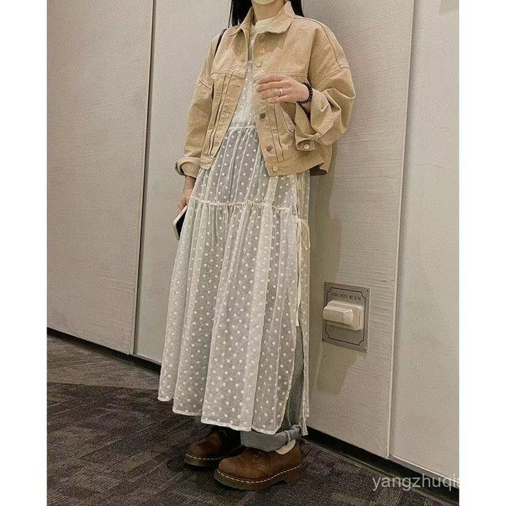 디오제니 레이스 뷔스티에 레이어드 원피스 여리 끈 나시 몸매 커버 빅사이즈 루즈핏