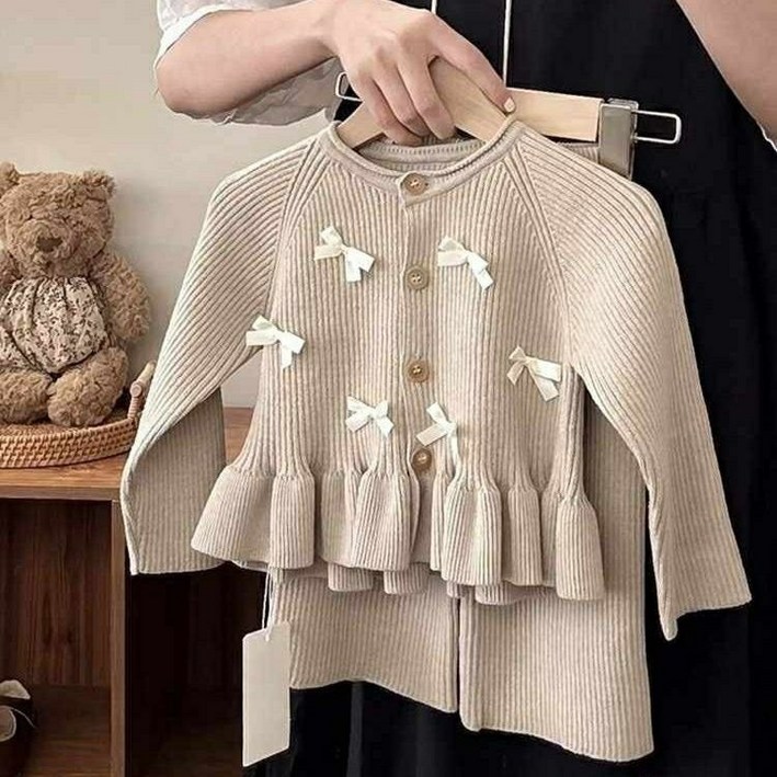 해피팡팡  가을 겨울 여아 니트상하세트 리본 가디건  니트바지세트 크림리본 프릴 니트세트 100130호 여아 아동 유아 니트 바지 상하의세트 가을 가디건 니트바지세트