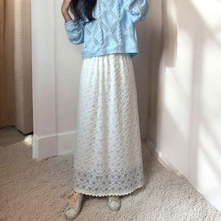 스타일원 여성 밴딩 펀칭 기모 안감 레이스 롱 스커트 치마