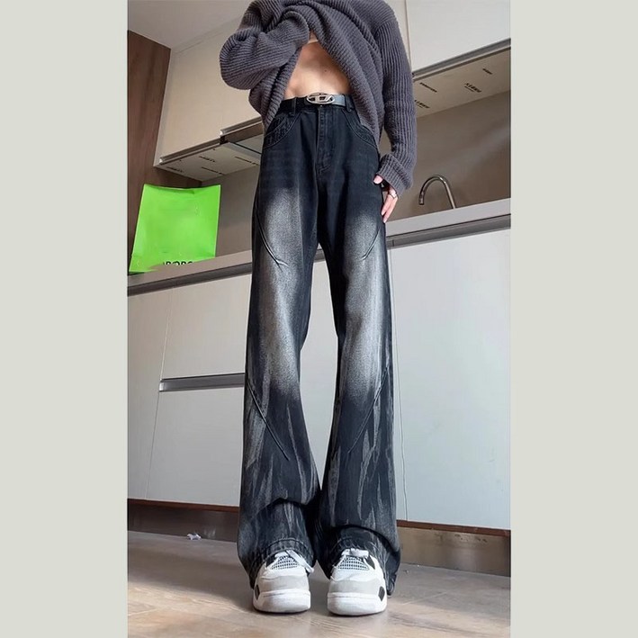 AOKADA 남성 세미 와이드 데님 팬츠 타이다이 봄 가을 빈비티 통청바지