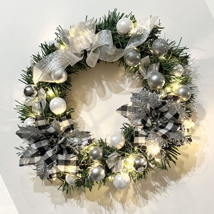 크리스마스 리스 LED 전구 포함 30cm 벽장식 인테리어 꾸미기, 1세트, 03.실버