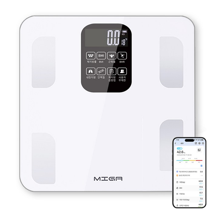 MIGA 스마트 가정용 블루투스 LCD 강화유리 인바디 체지방 체중계