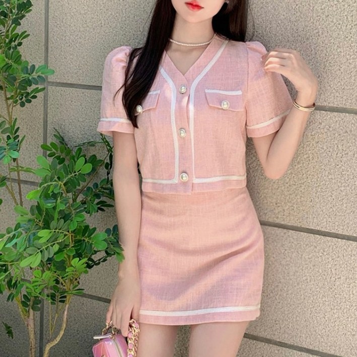 투피스 세트 반팔 크롭 여성 자켓 미니 스커트 여름