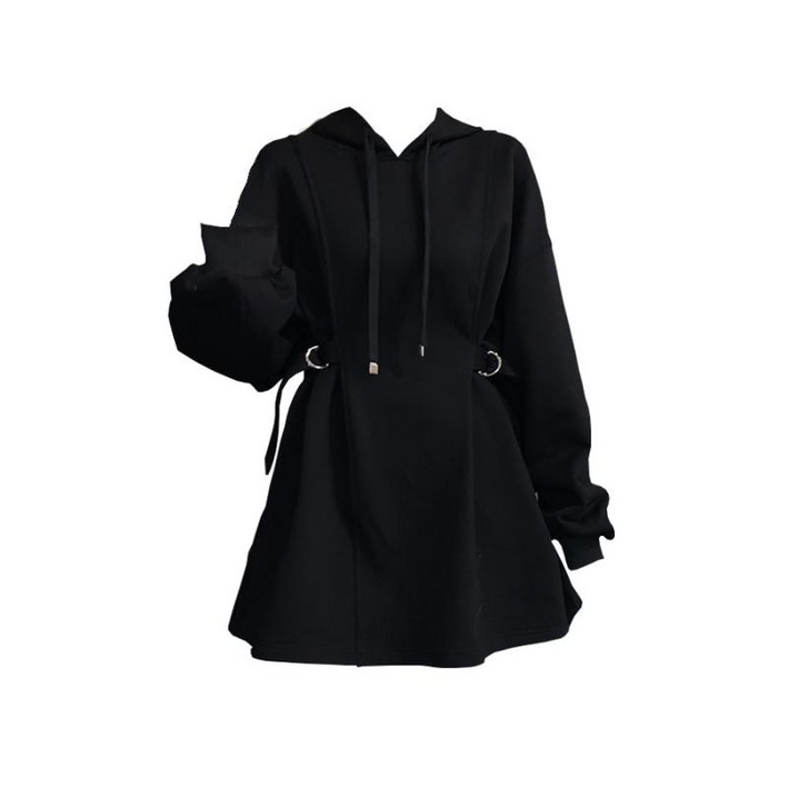 키작녀 가을 루즈핏 블랙룩 스트릿패션 후드 트레이닝 원피스