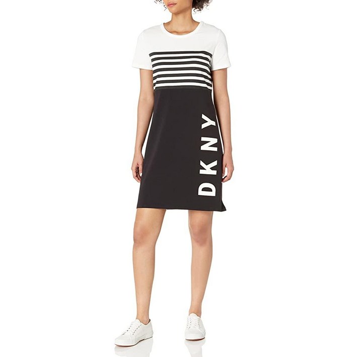 트렌디샵 DKNY 여성용 로고 티셔츠 드레스 크림블랙 스트라이프 Small