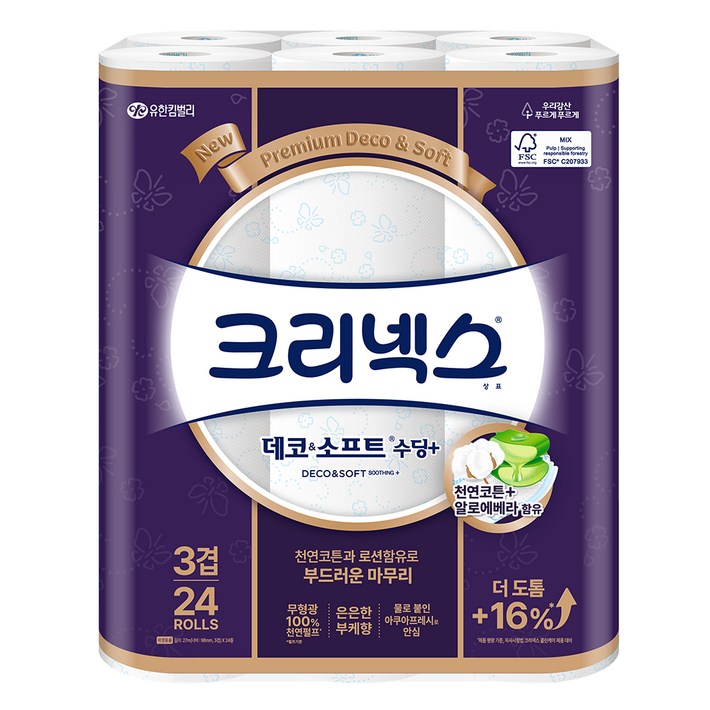 크리넥스 데코 앤 소프트 수딩플러스 천연펄프 3겹 고급롤화장지 크리넥스 데코 앤 소프트 수딩플러스 천연펄프 3겹 고급롤화장지
