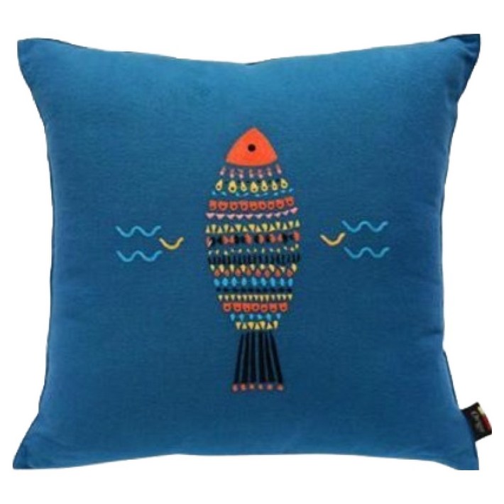 오리고 자수 쿠션 커버, 딥다이브블루물고기