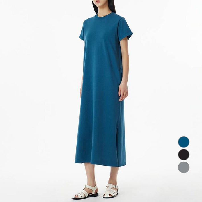 JAJU자주 여성용 테리 캡소매 면 롱 원피스