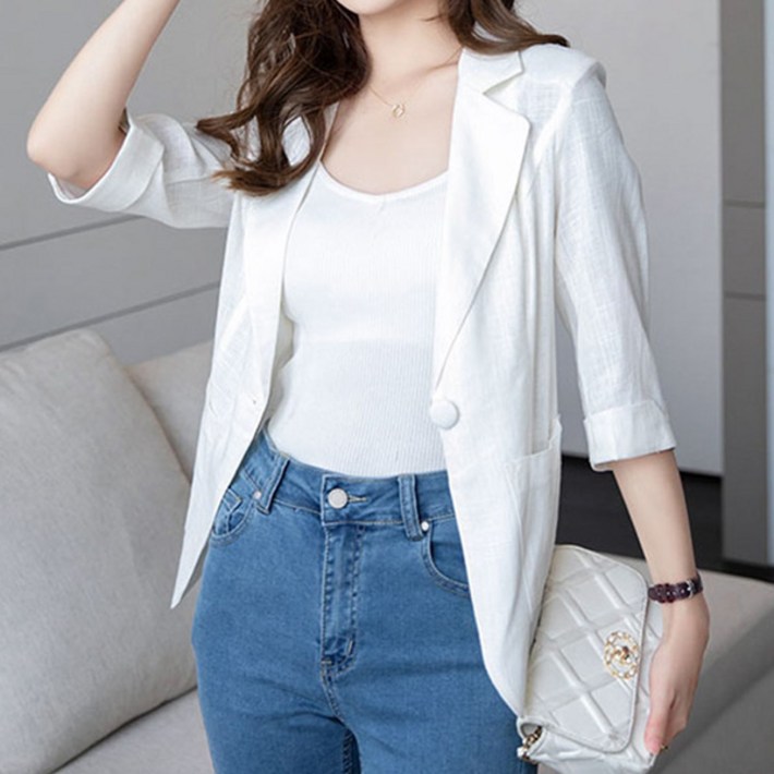 퀸앤조이 여성용 통기성 7부 소매 린넨 자켓