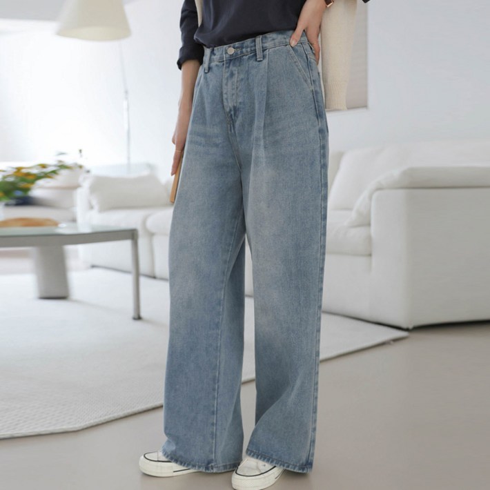 빼빼 여성용 핀턱 벌룬 와이드 청바지