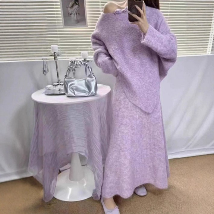 페이퍼먼츠 플라워 라운드 언발란스 니트 투피스 12856