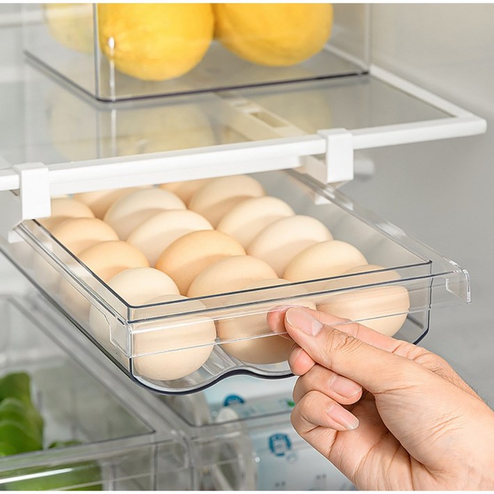 냉장고용기 서랍형 계란 트레이 슬라이딩 보관함 계란케이스 수납 에그보관, 투명화이트랙