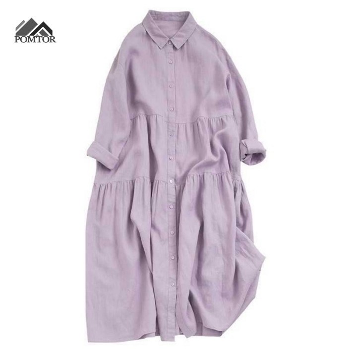 POMTOR 여성용 내추럴 스타일 린넨 원피스 아홉부 소매 루즈핏 편안한 디자인