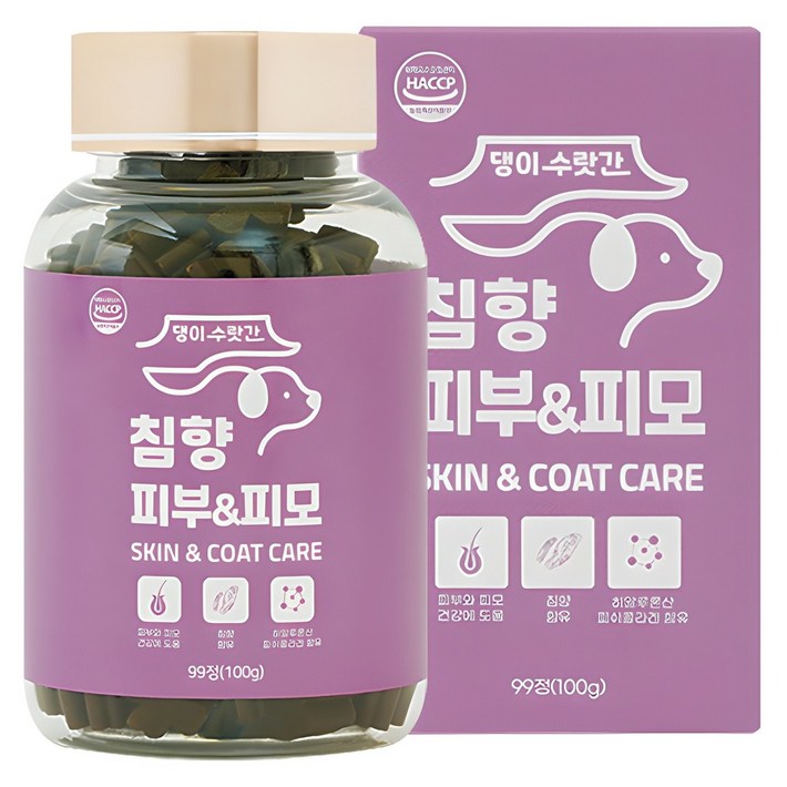 강아지 피부병 곰팡이성 피부염 피부영양제 발습진 아토피 모낭충 댕이수랏간 침향 피부피모 100g, 1개, 피부피모, 99정