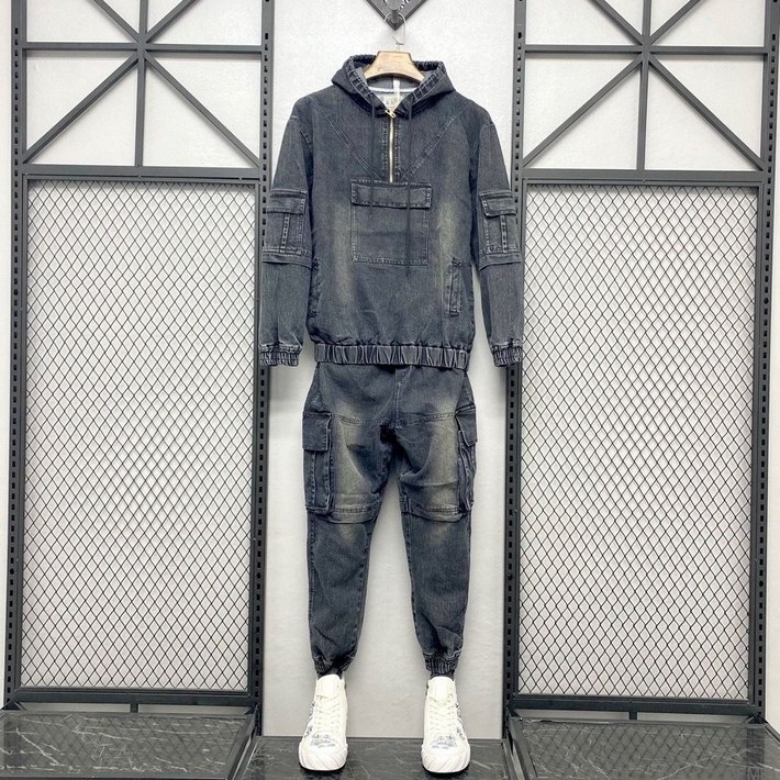 DFMEI 가을겨울 멀티포켓 데님 후드 레포츠 데님 긴팔 세트 건달 투피스 남