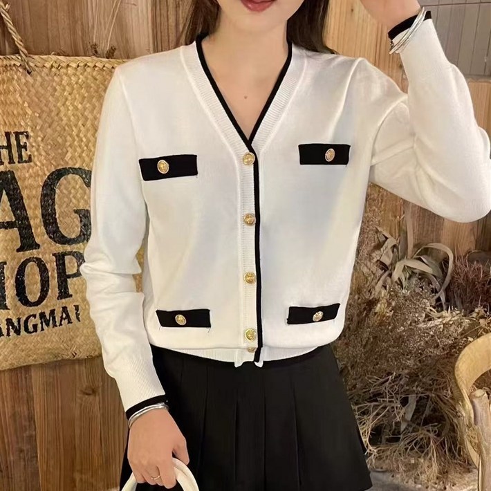 하모리 여성 예쁜 골드버튼 배색 브이넥 긴팔 니트 가디건