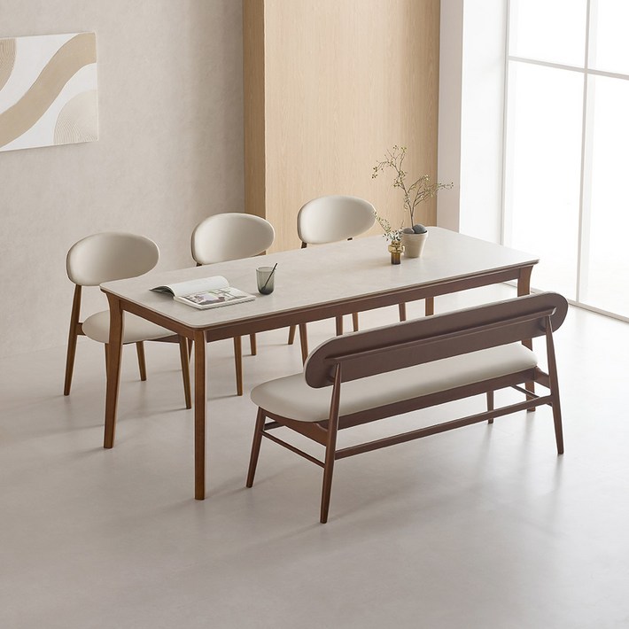 라로퍼니처 헤이스 1900 연그레이 포세린 통 세라믹 6인 식탁 세트 6인용 고무나무 원목 테이블, 일반 3  벤치 1, 단품